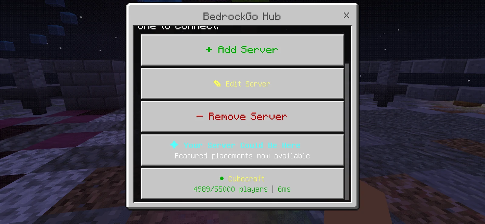 The hub: pick a server to play on