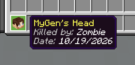 A dropped head's tooltip: Killed by and Date