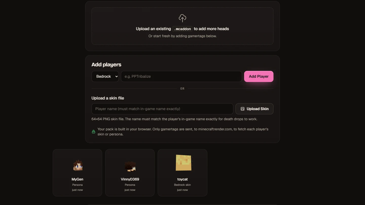 Adding players on playerheads.mygen.co.uk
