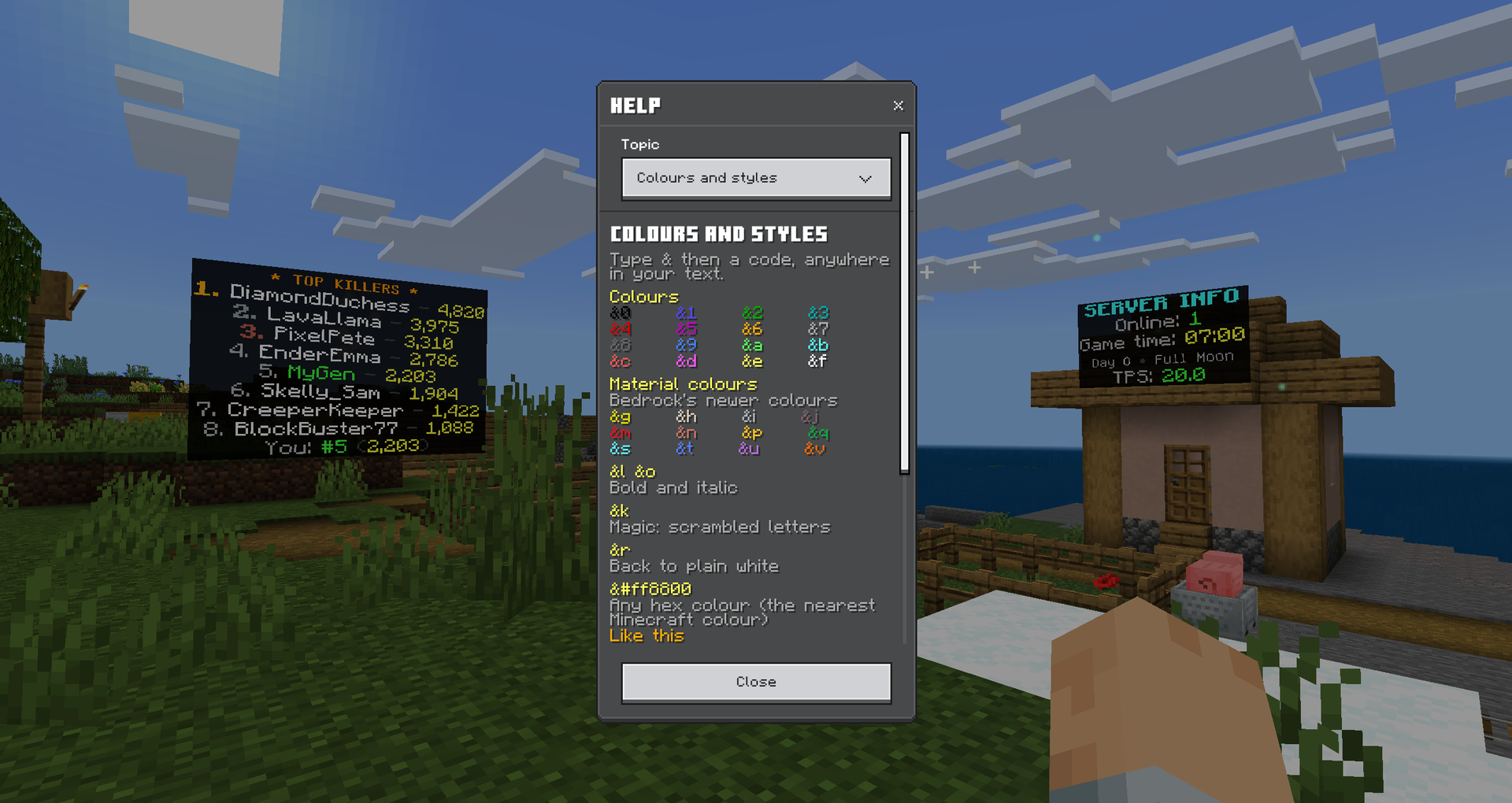Help for every colour code and placeholder, one topic at a time