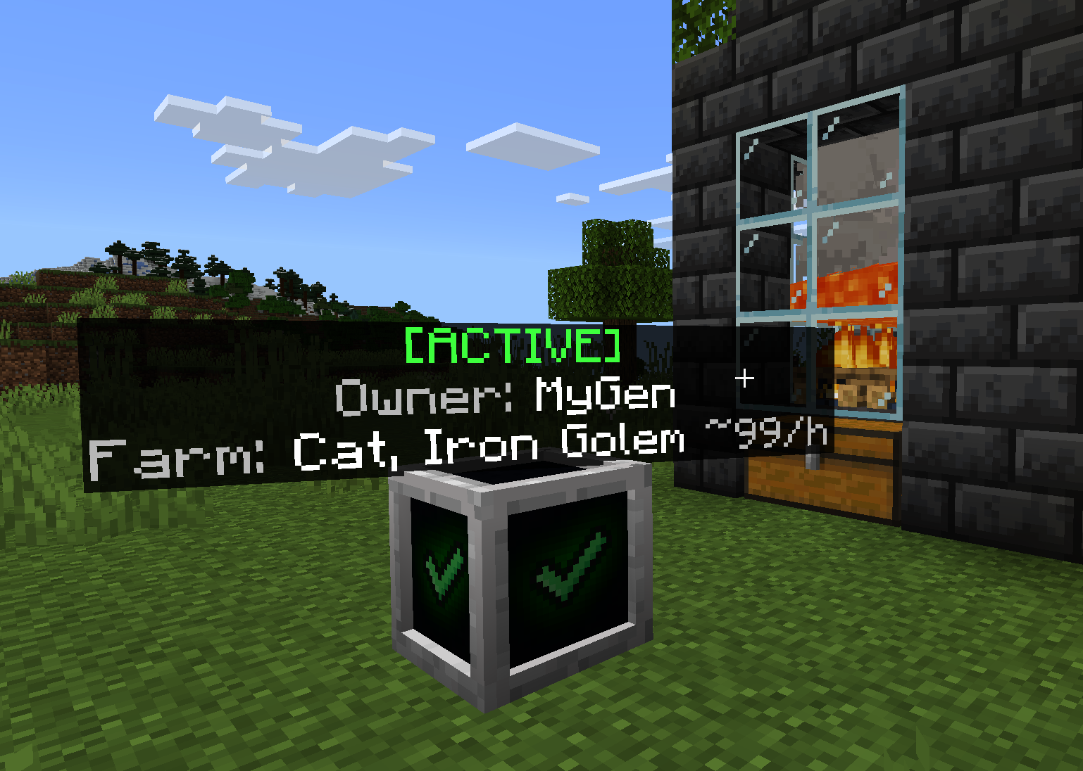 A working chunk loader keeping an iron farm running, with its label showing the farm it learned