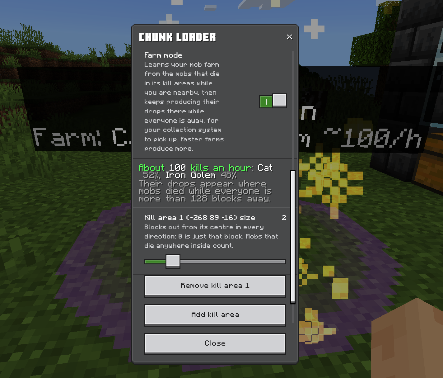 A learned farm: about 100 kills an hour, and which mobs