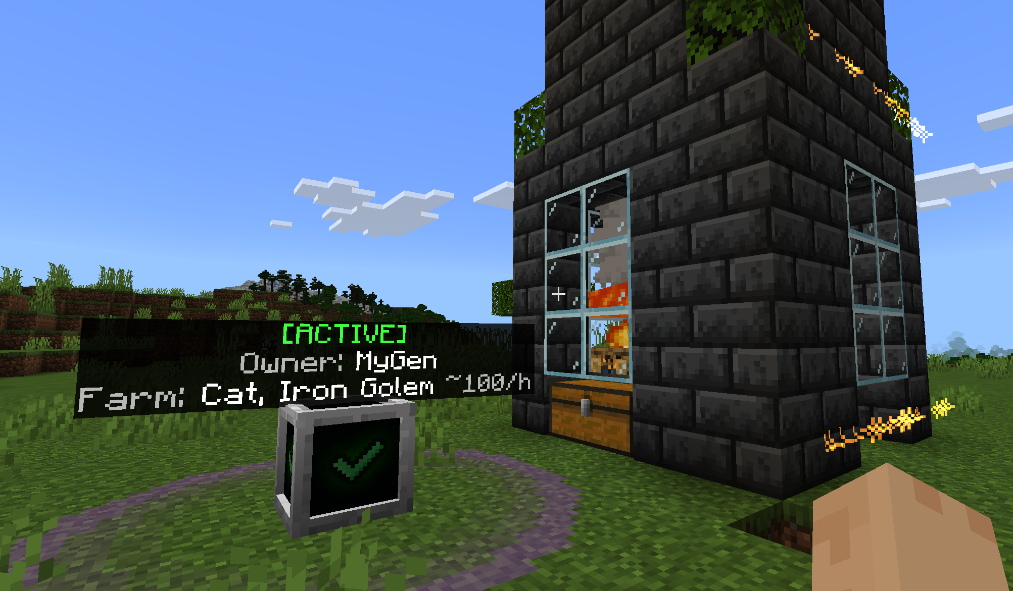 A working chunk loader: the purple pulse, and its kill area marked in orange