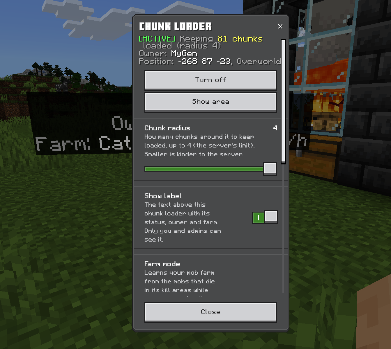 The chunk loader menu: status, on and off, Show area, radius and label