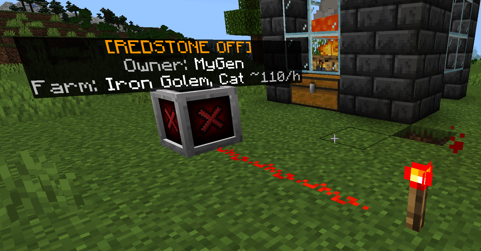 Paused by a redstone torch: the label shows REDSTONE OFF