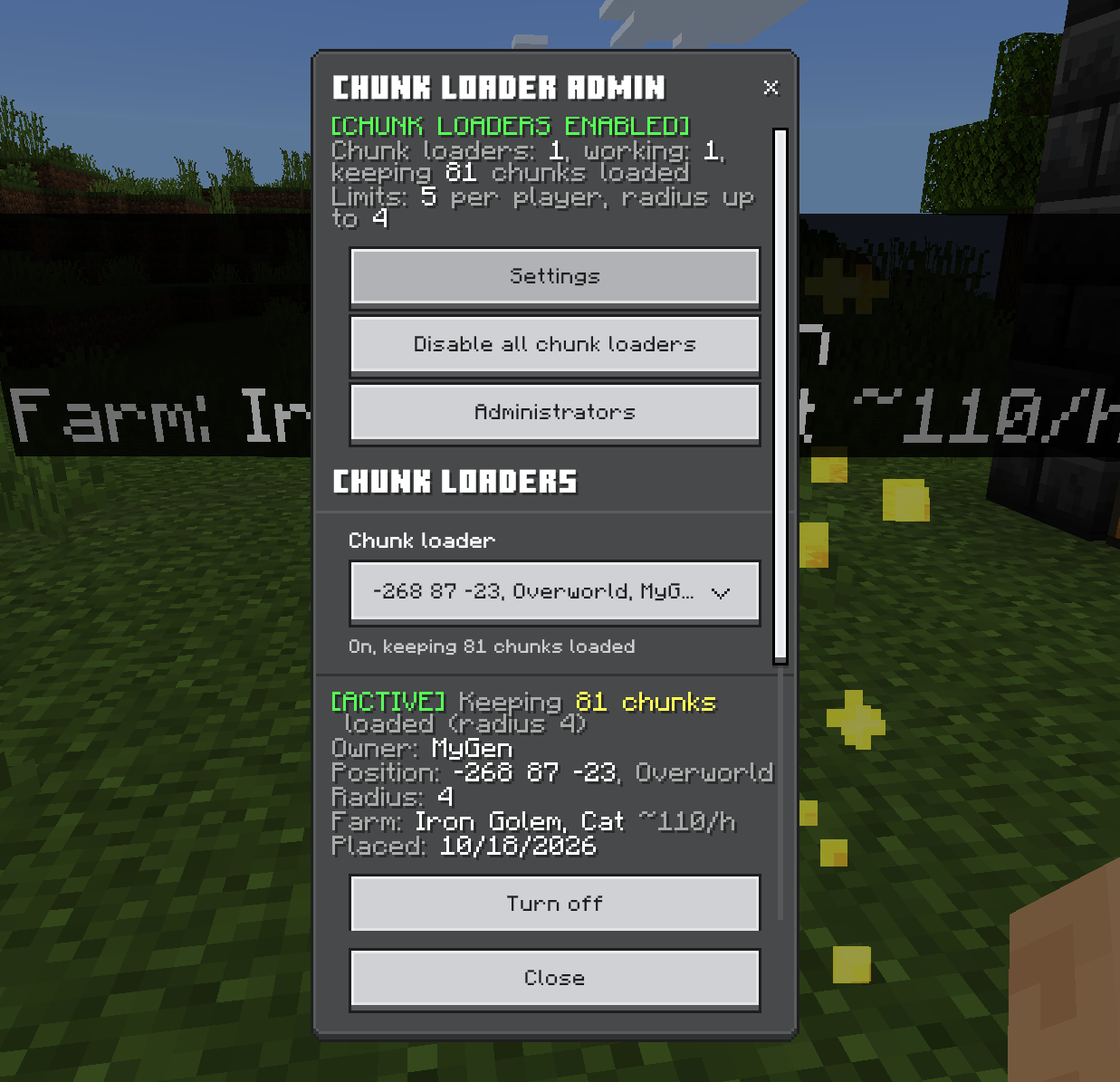 The admin panel: every chunk loader in the world, picked from a list