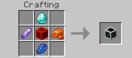The crafting recipe: diamond, amethyst shard, redstone block, resin clump and lapis lazuli