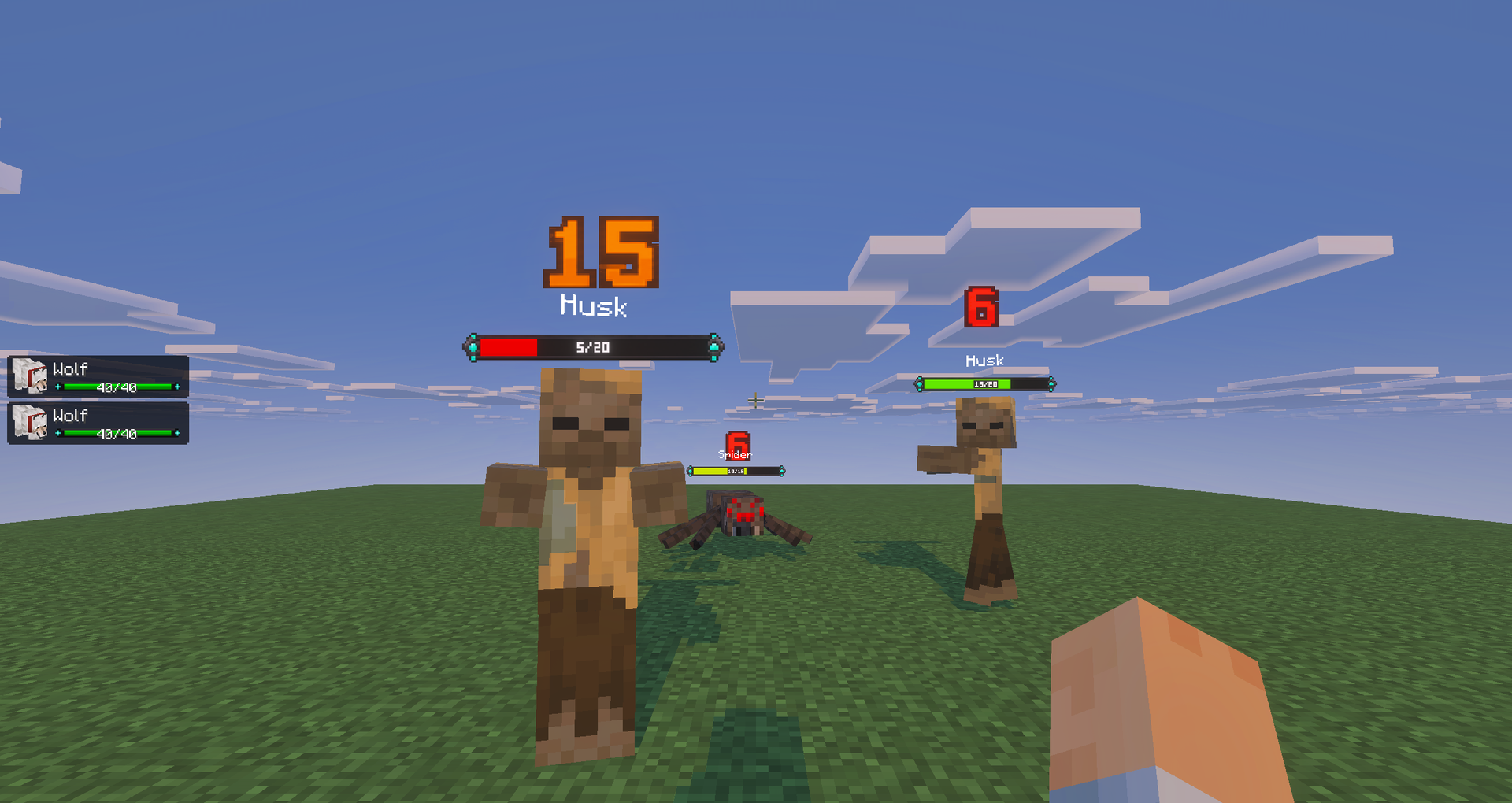 A critical hit in orange, damage in red, and your wolves in the party frames