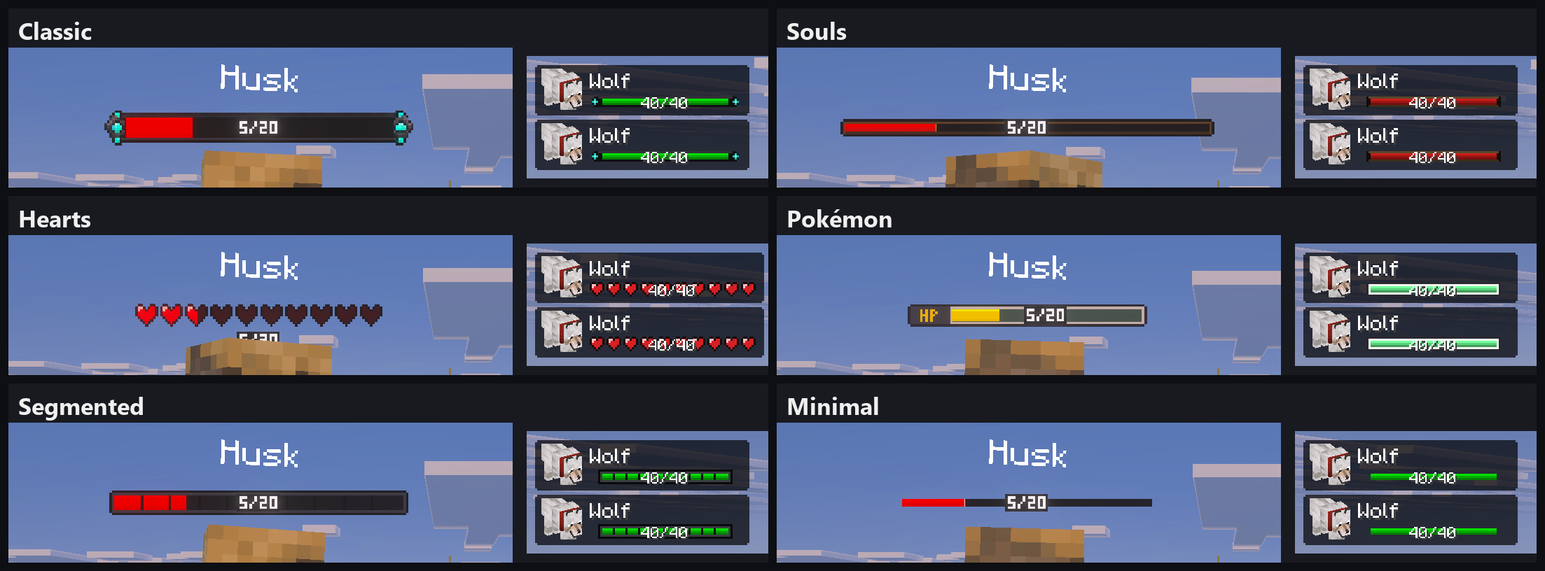 All six bar styles, on a mob and in the party frames