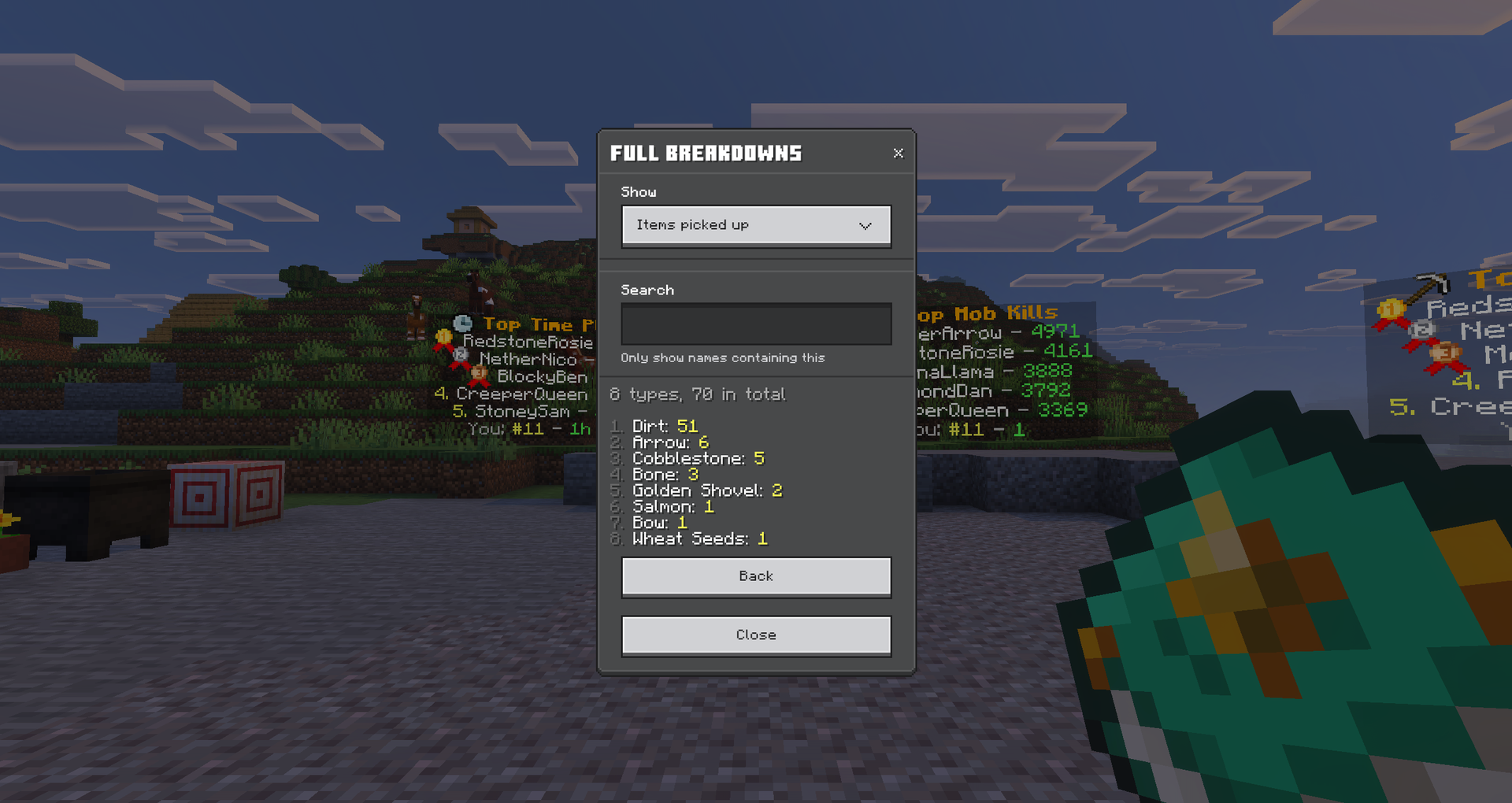 Full breakdowns: every item, block and mob, with a search box