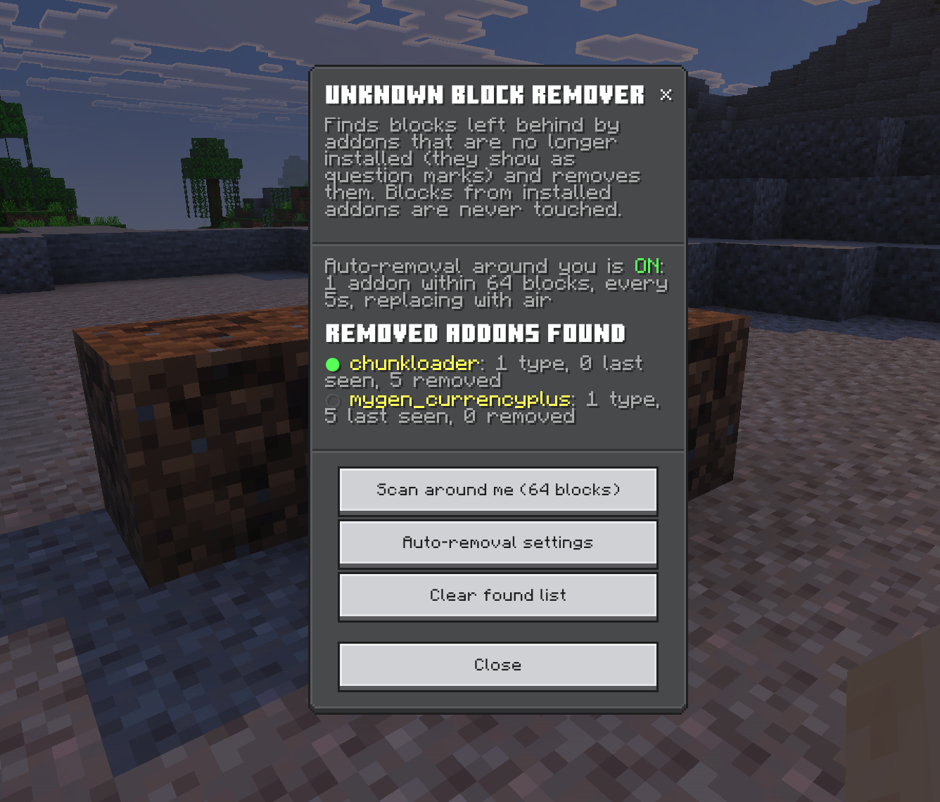 The Unknown Block Remover panel: auto-removal status and every removed addon found so far