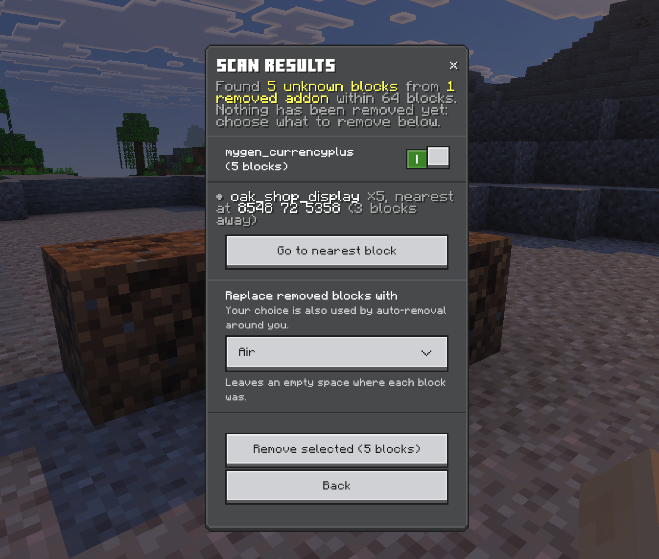 Scan results: every unknown block type found, with counts and the nearest location, before anything is removed