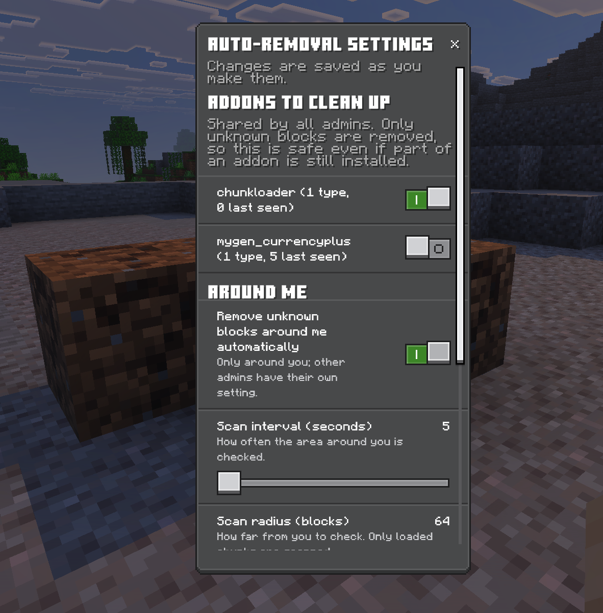 Auto-removal settings: choose which removed addons to clean up, how often and how far